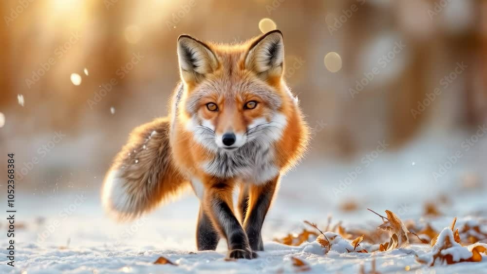A majestic fox roams through a snowy landscape during a peaceful winter afternoon