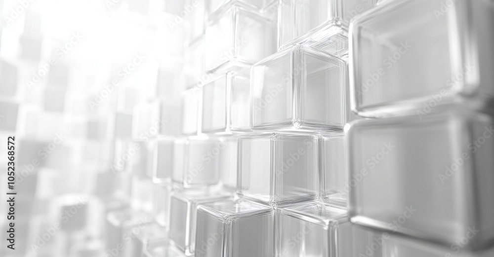 Obraz premium 3D rendering of white transparent glass cubes on white background, white soft abstract buissness background 
