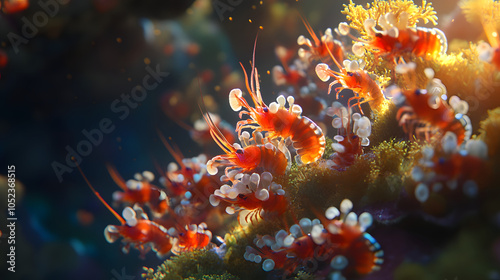 A Lively Underwater Portrait of Vibrant Fire Shrimp (Lysmata debelius) in Their Coral Habitat photo