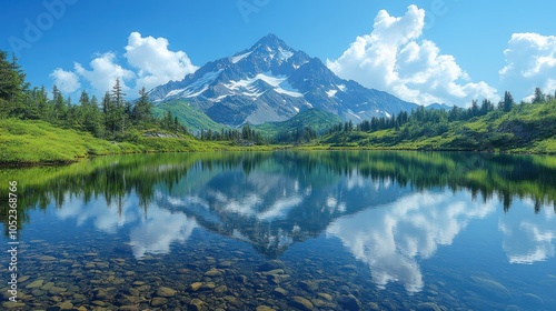 A majestic mountain reflected perfectly in a still lake, with crisp, clear water. -