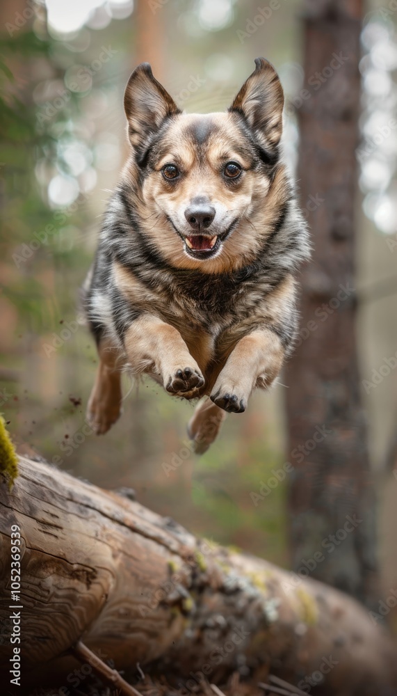 Energetic Swedish Vallhund Leaping Over a Log in a Vibrant Autumn Forest Energetic Swedish Vallhund Leaping Over a Log in a Vibrant Autumn Forest