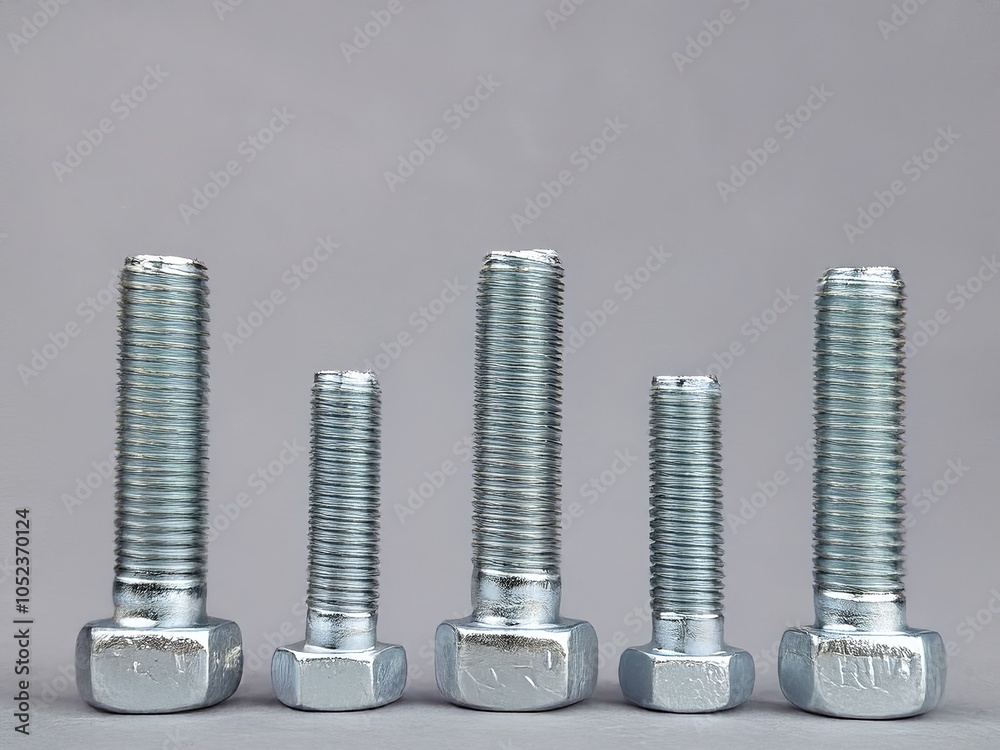 Five galvanized steel bolts standing on gray background showing different heights Five galvanized steel bolts standing on gray background showing different heights