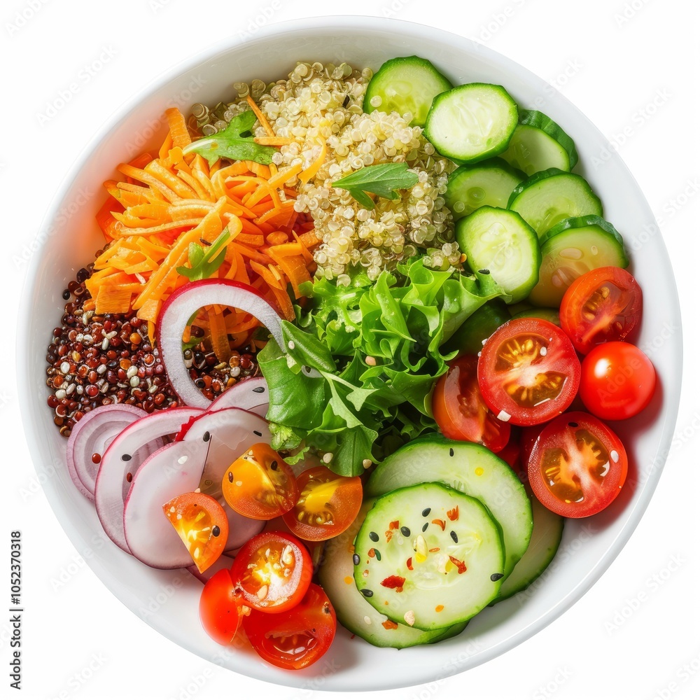 Fresh salad bowl with quinoa, cucumbers, tomatoes, red onion and lettuce is a perfect healthy lunch Fresh salad bowl with quinoa, cucumbers, tomatoes, red onion and lettuce is a perfect healthy lunch