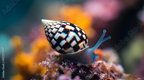 Intricate Beauty of the Checkerboard Snail (Nassarius vibex) in Its Natural Habitat with Vibrant Marine Life photo