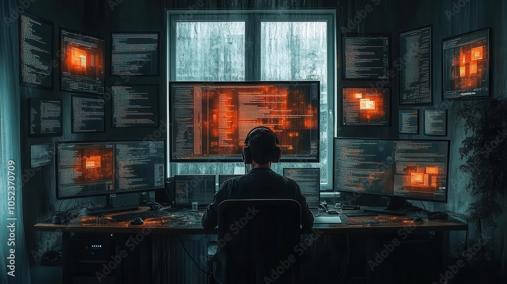 stressed developer programmer at their workstation, surrounded by multiple screens filled with code, conveying the intense atmosphere of software development and the pressure of deadlines stressed developer programmer at their workstation, surrounded by multiple screens filled with code, conveying the intense atmosphere of software development and the pressure of deadlines