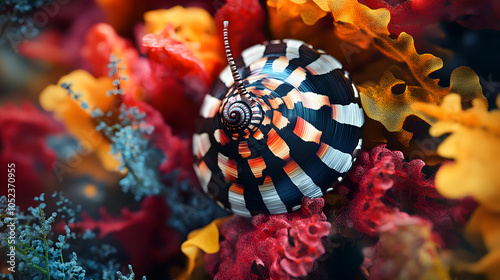 Captivating Underwater Scene with a Checkerboard Snail (Nassarius vibex) Surrounded by Colorful Seaweeds and Marine Flora photo