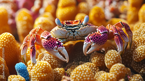 The Vibrant World of a Harlequin Crab (Lissocarcinus laevis) Nestled in a Colorful Coral Garden with Marine Diversity photo