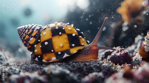 Enchanting View of the Checkerboard Snail (Nassarius vibex) on Rocky Surfaces in Its Marine Habitat photo