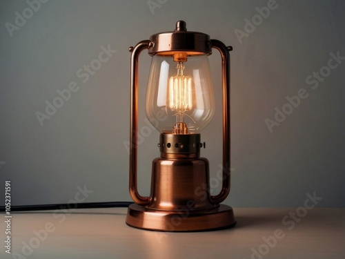 An old metal table lamp with a warm copper finish and a rounded, curved lampshade on a white background highlighting the elegant, vintage charm of the lamp. AI generated. photo