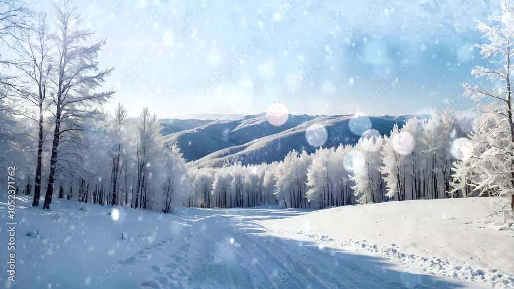 Winter mountain panorama with snow-laden trees and distant hills under blue sky. Adventure travel concept Seamless looping 4k time-lapse animation video background Winter mountain panorama with snow-laden trees and distant hills under blue sky. Adventure travel concept Seamless looping 4k time-lapse animation video background