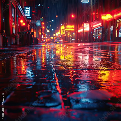 Vibrant urban nightscape neon lights and reflections on rain-soaked streets capturing city life