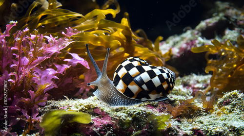 Captivating Underwater Scene with a Checkerboard Snail (Nassarius vibex) Surrounded by Colorful Seaweeds and Marine Flora photo