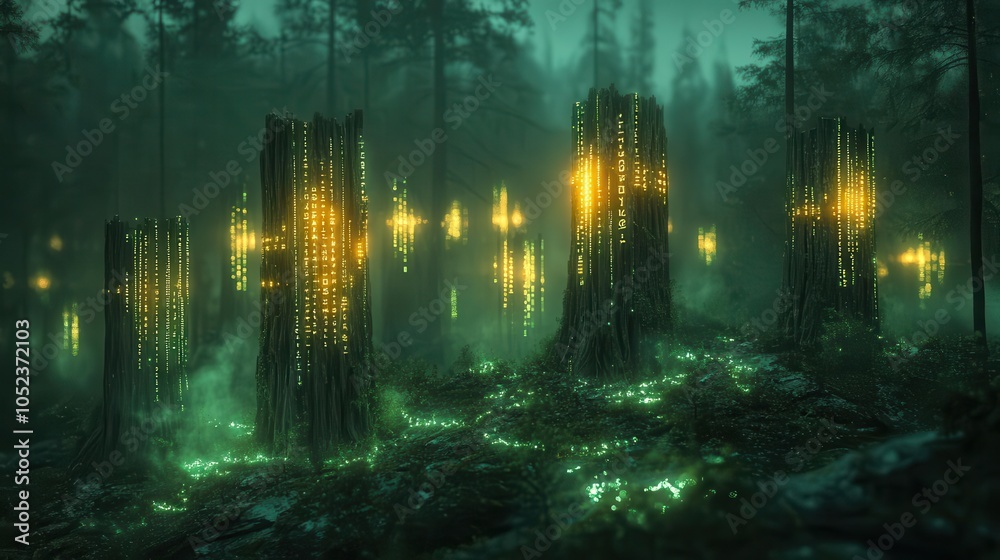 Obraz premium stumps scattered across a digital landscape, merging with neon grids and binary code, creating an eerie, cybernetic forest. hints of bioluminescent plants glow in the twilight