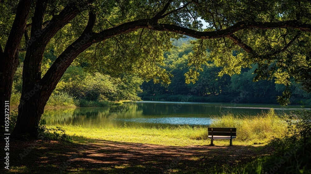 A serene lakeside scene with a bench under a large tree, inviting relaxation and reflection. A serene lakeside scene with a bench under a large tree, inviting relaxation and reflection.