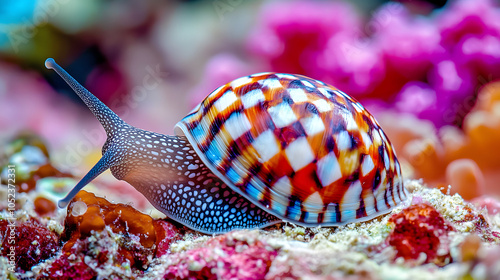 Intricate Beauty of the Checkerboard Snail (Nassarius vibex) in Its Natural Habitat with Vibrant Marine Life photo