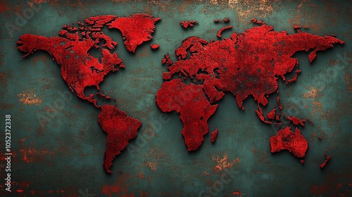 red zones on a world map representing areas severely impacted by the global pandemic, indicating regions affected by the disease spread and worldwide health crisis