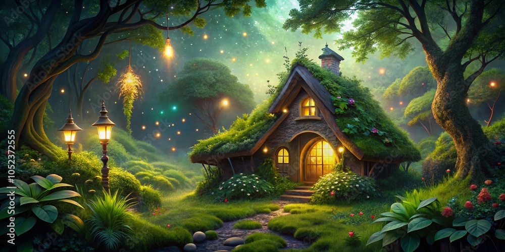 Enchanting Night Scene of a Fairy Dwelling Surrounded by Lush Greenery and Magical Lights Enchanting Night Scene of a Fairy Dwelling Surrounded by Lush Greenery and Magical Lights