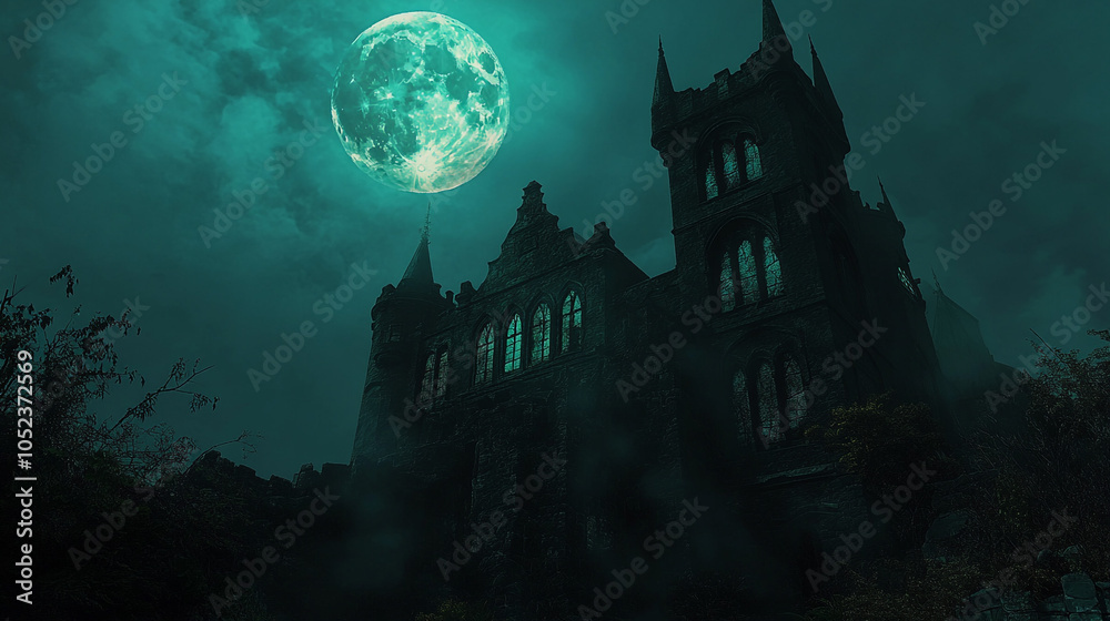 Eerie Gothic Castle Silhouetted Against Full Moon and Cloudy Night Sky Eerie Gothic Castle Silhouetted Against Full Moon and Cloudy Night Sky