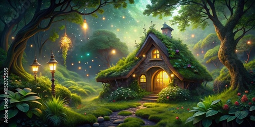 Enchanting Night Scene of a Fairy Dwelling Surrounded by Lush Greenery and Magical Lights