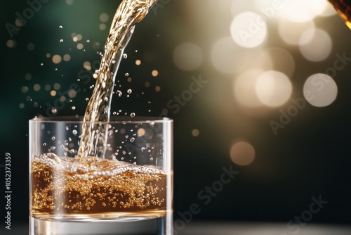 A captivating pour of golden liquid into a glass, with sparkling bubbles and a beautiful bokeh background, evoking a sense of luxury and indulgence. photo