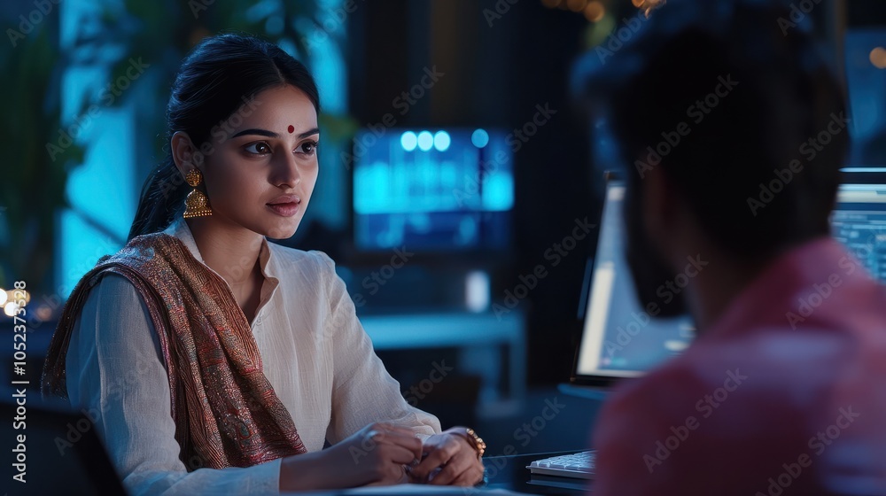 Naklejka premium Serious indian mentor worker talk to female colleague teach intern