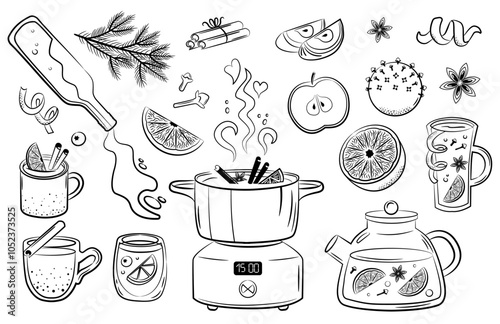 Winter drinks. Mulled wine ingredients. Punch in cup, mug, pot. Red wine, citrus, spices. Vector sketch style illustration set.