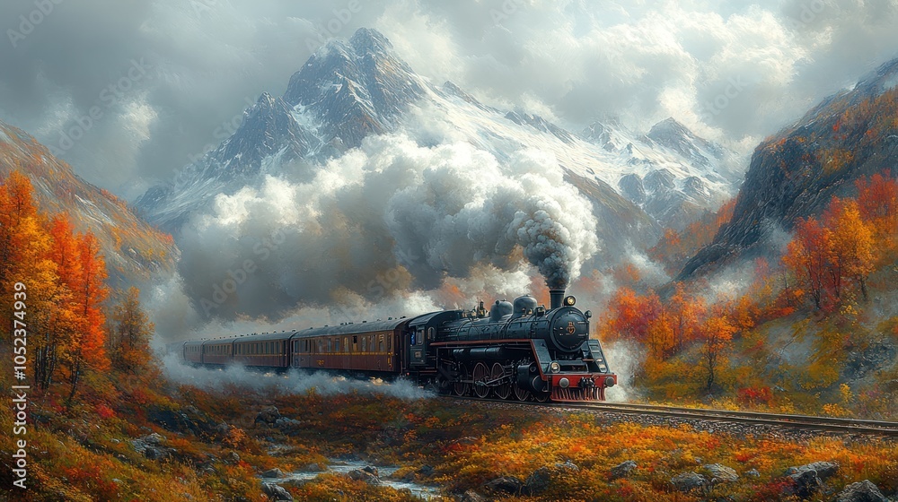 Fototapeta premium A steam train chugging through a mountainous landscape, with billowing clouds of smoke and steam.