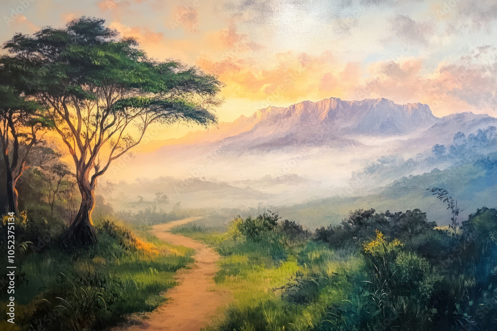 oil painting on paper of Kenya nature landscape at sunrise oil painting on paper of Kenya nature landscape at sunrise