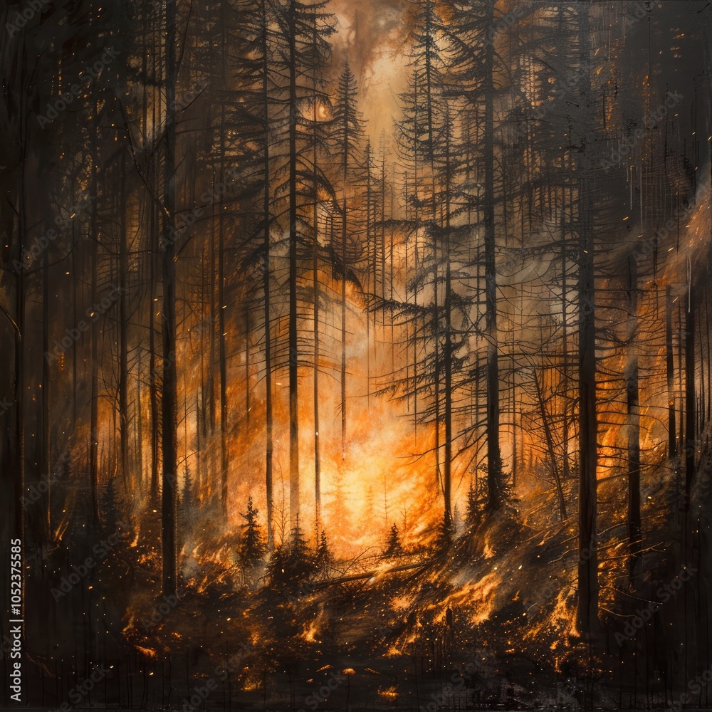 Obraz premium Wildfire engulfing a dense forest with bright flames and thick smoke during the evening twilight creating a dramatic and haunting atmosphere