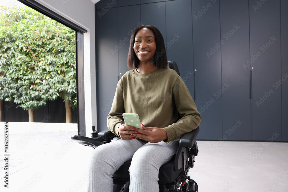 Woman sitting in�wheelchair and�holding smart phone Woman sitting in�wheelchair and�holding smart phone