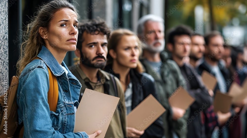Crowd of Worried People Holding Resumes Outside Job Center During Economic Crisis Crowd of Worried People Holding Resumes Outside Job Center During Economic Crisis