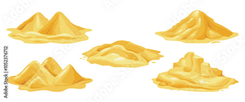 Sand pile. Beach dune island. Sandy heap. Game desert. Gold powder. Dry dirt ground. Crumbly building material. Wilderness mountain. Industrial construction. Sandbox elements vector set