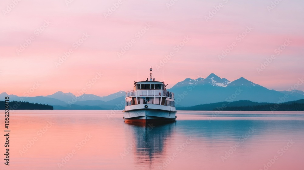 Obraz premium Scenic Boat Tour with Mountain Backdrop at Sunset