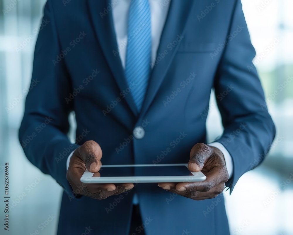Businessman using a tablet in a modern office setting, focused and professional. Businessman using a tablet in a modern office setting, focused and professional.
