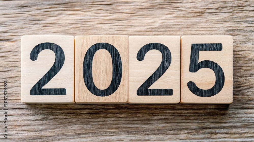 Fototapeta premium Handcrafted Wooden Cubes Displaying Year 2025