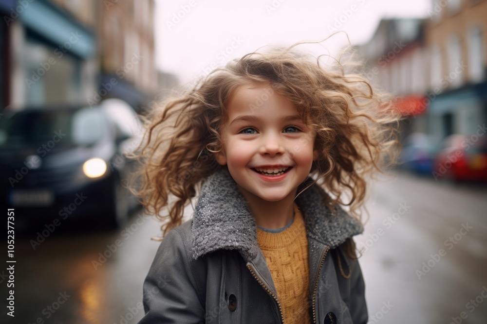 Portrait of a cute little girl with curly hair in the city Portrait of a cute little girl with curly hair in the city