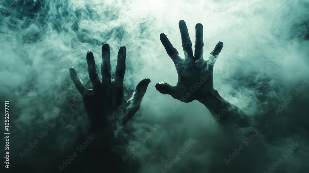 eerie ghostly hands reaching out from the earth, attempting to escape the spirit world, surrounded by mist and shadows, creating a haunting atmosphere perfect for halloween eerie ghostly hands reaching out from the earth, attempting to escape the spirit world, surrounded by mist and shadows, creating a haunting atmosphere perfect for halloween