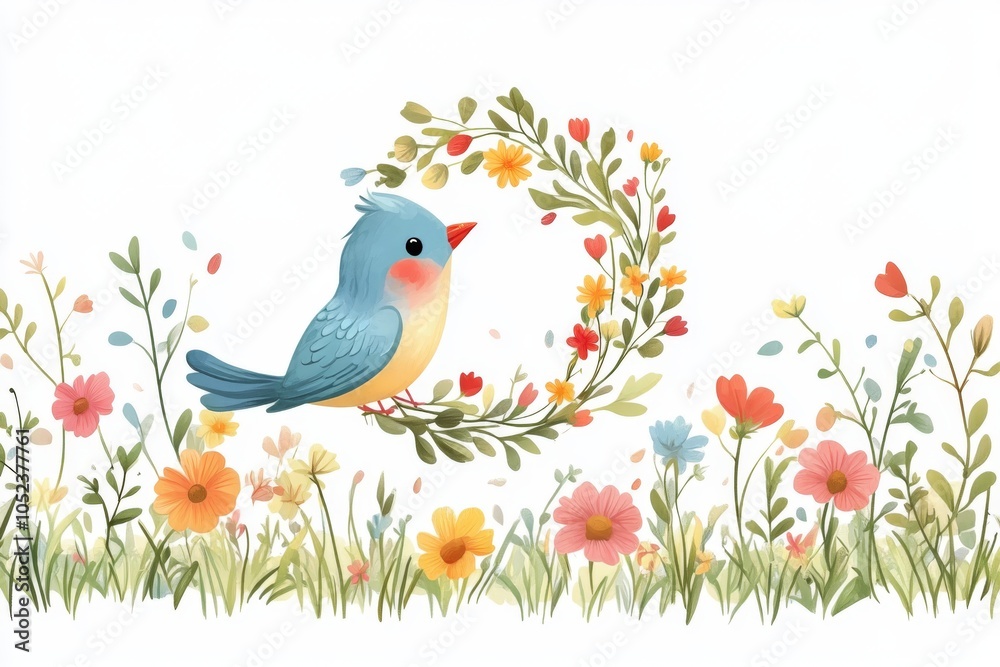 Cute Blue Bird in a Floral Wreath with Spring Flowers Cute Blue Bird in a Floral Wreath with Spring Flowers