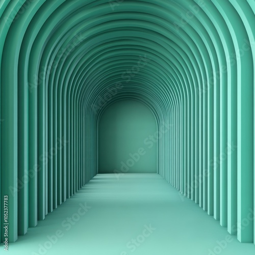 A serene, archway corridor in soothing teal tones.