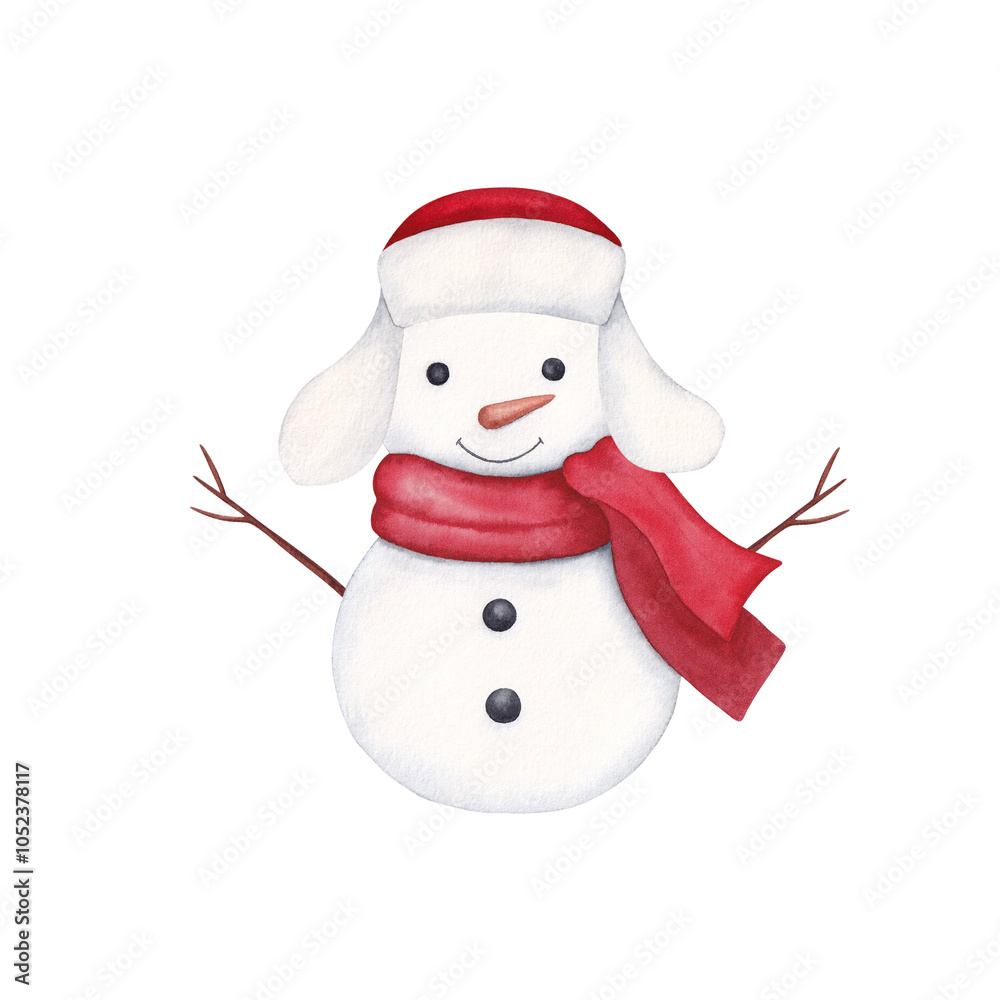 Cute snowman in a red scarf and hat. Watercolor hand-drawn illustration isolated on white background.