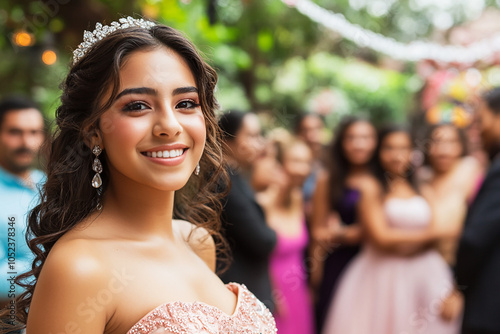 Portrait of Hispanic teenager girl at her quinceanera with family in backyard photo