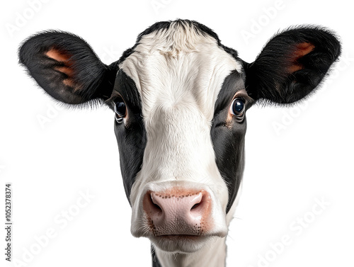 Close-up portrait of a black and white dairy cow, showcasing its gentle features and large eyes, ideal for agricultural themes on a transparent background.. photo