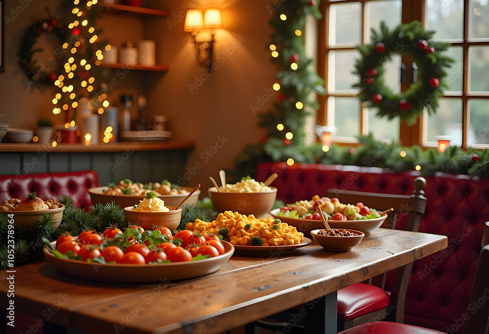 Festive holiday feast with a variety of dishes served in a cozy, decorated dining room Festive holiday feast with a variety of dishes served in a cozy, decorated dining room
