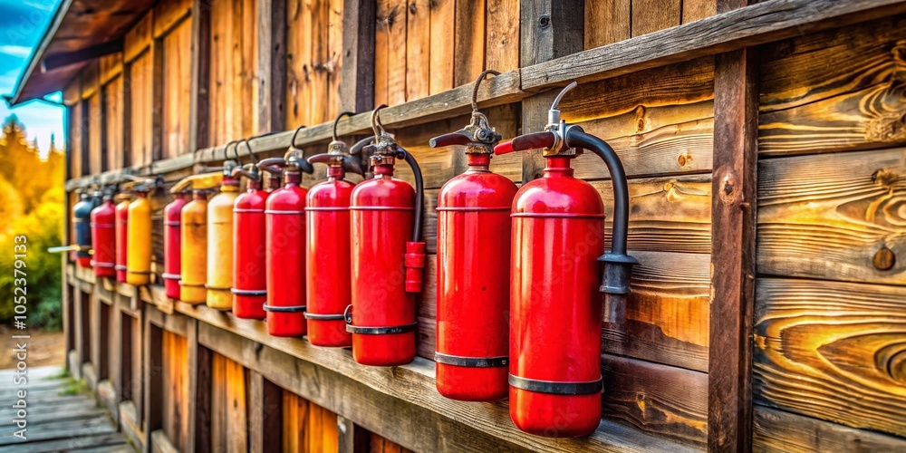Fire Extinguishers on Wooden Wall - Macro Photography of Safety Equipment for Home Protection Fire Extinguishers on Wooden Wall - Macro Photography of Safety Equipment for Home Protection