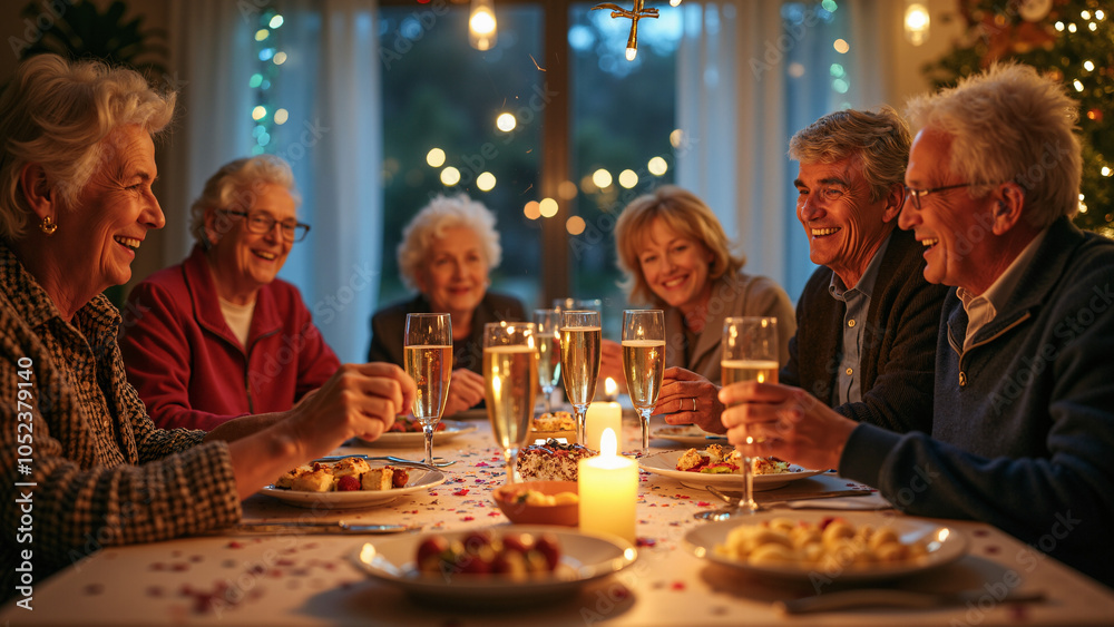 Vibrant Senior New Year's Eve Celebration: Diverse Friends Enjoy Festive Party with Games and Champagne Vibrant Senior New Year's Eve Celebration: Diverse Friends Enjoy Festive Party with Games and Champagne
