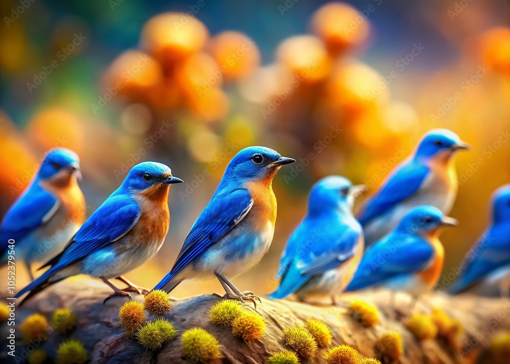 Obraz premium Flock of Blue Birds in Tilt-Shift Style - Beautiful Hand-Drawn Vector Illustration for Nature and Wildlife Themes