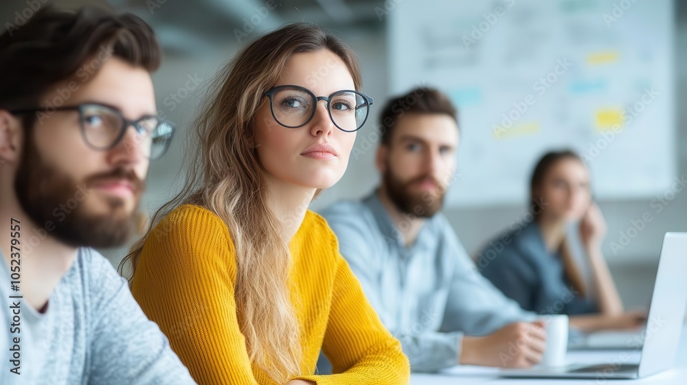 Fototapeta premium Focused group of professionals in a meeting, thoughtful expressions, modern office setting.