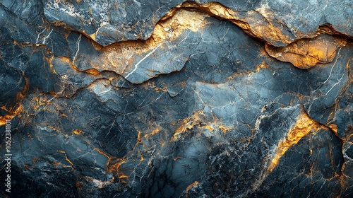 Abstract image of textured rock with golden veins and dark background.