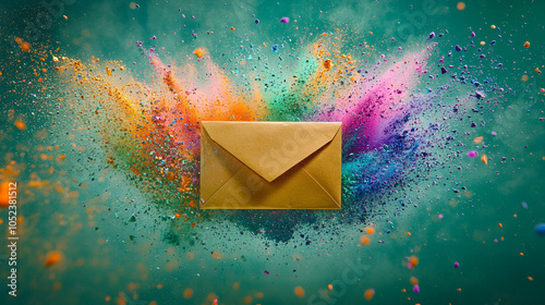 Colorful Explosion with Envelope on Green Background   Abstract Design  Mail  Communicatio photo