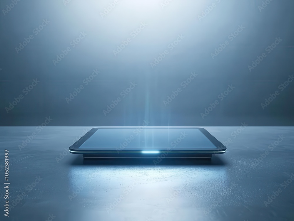 Modern tablet device glowing with a soft light, on a sleek surface, isolated background. Modern tablet device glowing with a soft light, on a sleek surface, isolated background.